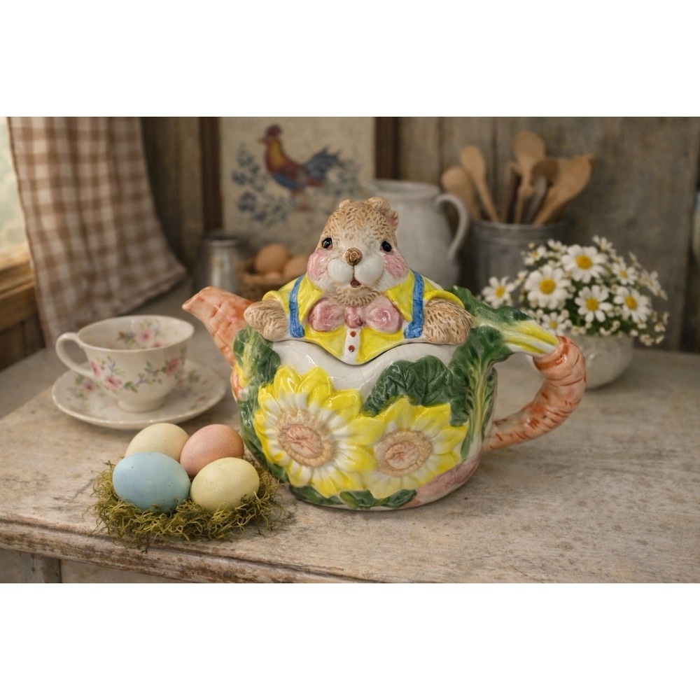 Vintage Napco Easter Bunny Rabbit Teapot Daisy Floral  Spring Decor Cottagecore